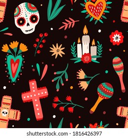 Day of dead traditional Mexican holiday seamless pattern. National attributes - sugar skulls, candles, cross, flowers and maraca shakers vector flat illustration. Celebratory wallpaper template