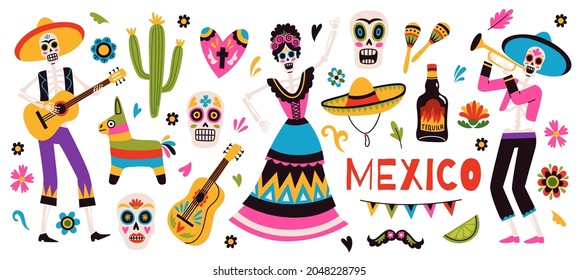 Day of the dead. Traditional mexican holiday symbols, sugar skulls and dancing skeletons, bright flowers and festive carnaval decorative objects, vector cartoon flat style isolated set