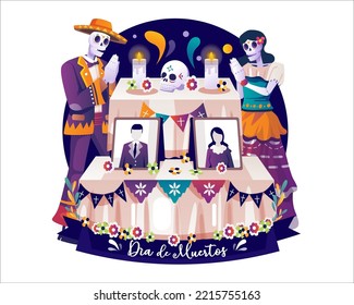 Day of the Dead Traditional Mexican Holiday Party with Mariachi skeleton with sombrero and Catrina praying hands near altar or ofrenda. Vector illustration in flat style