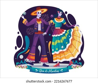 Día de la fiesta tradicional mexicana muerta con esqueleto de Mariachi con sombrero y danza de la Catrina juntos. Ilustración vectorial en estilo plano