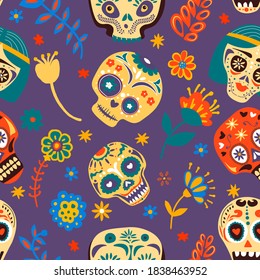 Day of the dead, traditional mexican holidays celebration. Skulls and flowers in bloom, seamless pattern. Dia de los muertos, background for greeting card. Hispanic event, vector in flat style