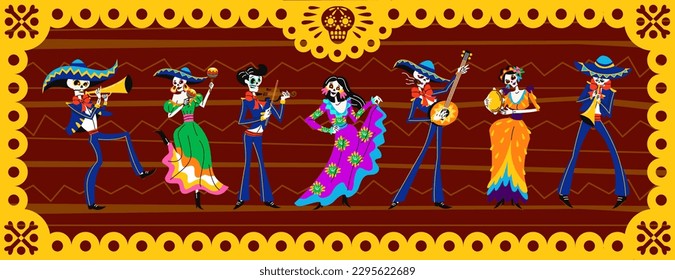 Day Of Dead Traditional poster. Skeletons in Mexican clothes with maracas and banjol play musical instruments and dance. Dia De Los Muertos holiday and festival. Cartoon flat vector illustration