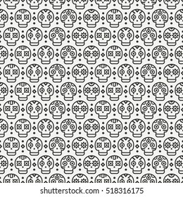 Day of the Dead. Tribal hand drawn line mexican ethnic seamless pattern. Border. Wrapping paper. Print. Doodles. Tiling. Handmade native vector illustration. Aztec background. Texture. Style skull