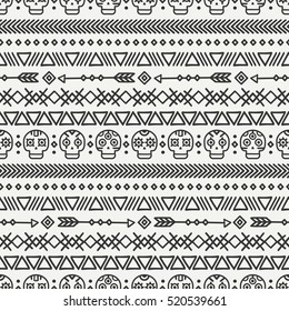 Day of the Dead. Tribal hand drawn line mexican ethnic seamless pattern. Border. Wrapping paper. Print. Doodles. Tiling. Handmade native vector illustration. Aztec background. Texture. Style skull