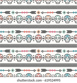 Day of the Dead. Tribal hand drawn line mexican ethnic seamless pattern. Border. Wrapping paper. Print. Doodles. Tiling. Handmade native vector illustration. Aztec background. Texture. Style skull
