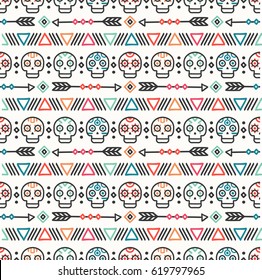 Day of the Dead. Tribal hand drawn line mexican ethnic seamless pattern. Border. Wrapping paper. Print. Doodles. Tiling. Handmade native vector illustration. Aztec background. Texture. Style skull