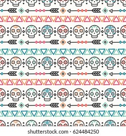 Day of the Dead. Tribal hand drawn line mexican ethnic seamless pattern. Border. Wrapping paper. Print. Doodles. Tiling. Handmade native vector illustration. Aztec background. Texture. Style skull