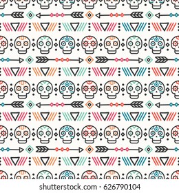 Day of the Dead. Tribal hand drawn line mexican ethnic seamless pattern. Border. Wrapping paper. Print. Doodles. Tiling. Handmade native vector illustration. Aztec background. Texture. Style skull.
