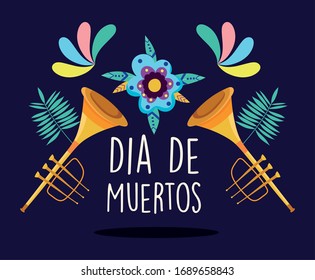 day of the dead, trumpet  musical instrument and flowers decoration.  Traditional mexican celebration, vector illustration