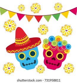 day of the dead two skull with floral garland ornament