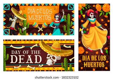 Carteles vectores con esqueletos del Día de los Muertos. Calaveras vacacionales mexicanas, sombreros con sombrero mexicano y maracas, esqueletos de música de Catrina Calavera y mariachi