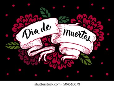 Day of the Dead Vector card. Colorful print, Mexican day of the dead. Vintage ribbon banner emblem. Flower decor. Tattoo style.