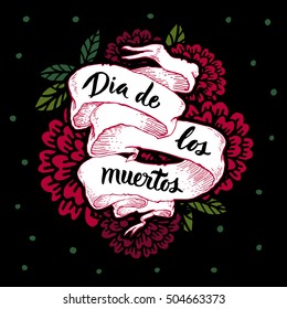 Day of the Dead Vector card. Colorful print, Mexican day of the dead. Vintage ribbon banner emblem. Flower decor. Tattoo style.