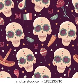 Day of dead vector cartoon seamless pattern. Background for wallpaper, wrapping, packing, and backdrop.