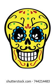 Day of the dead vector color illustration of skull. Hand sketched postcard or celebration design. 
