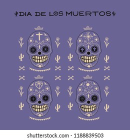 Day of the Dead, vector color poster. Día de los Muertos. Four skulls on purple background, print