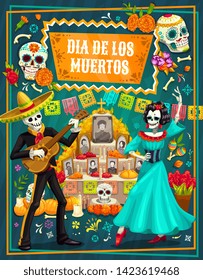 Day of the Dead vector greeting card with Mexican sugar skulls and skeletons of mariachi and Catrina, festival sombrero, guitar and altar, marigold flowers, flag and bunting. Death holiday theme