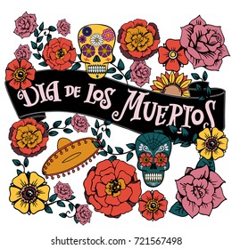 Day of the dead vector illustration colorful  poster. Mexican flowers traditional embroidery with typography letters. Floral lettering 'Dia de los Muertos' (Day of the Dead).