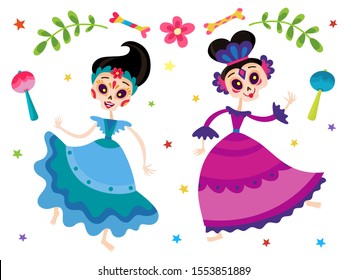 Day of the dead, vector illustration of dancing mexican cartoon women in violet and blue traditional dress with star, maracas isolated on white. Halloween costume.