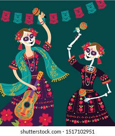 Day of the dead vector illustration. Dia de los muertos.2 dancing women alive and dead.