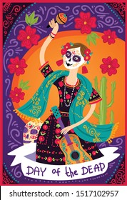 Day of the dead vector illustration. Dia de los muertos. Dancing woman in a dead man costume.