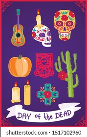 Day of the dead vector illustration. Dia de los muertos. Set of elements for party.