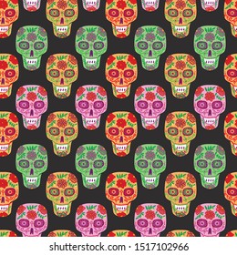 Day of the dead vector illustration. Dia de los muertos. Seamless pattern with ornamental skulls.