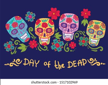 Day of the dead vector illustration. Dia de los muertos.Poster with ornamental skull.