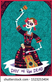Day of the dead vector illustration. Dia de los muertos. Dancing dead woman with guitar on floral background.