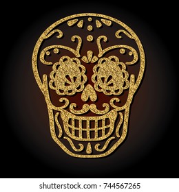 Day of the dead vector illustration of  gold skull. Hand sketched for postcard or celebration design. 