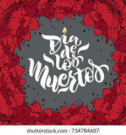 Day of the dead vector illustration. Hand sketched lettering Dia de los Muertos (Day of the Dead) for postcard or celebration design.Hand drawn typography poster with red roses. 