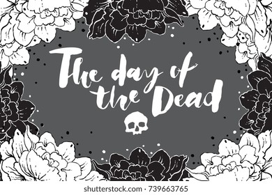 Day of the dead vector illustration. Hand sketched lettering Dia de los Muertos (Day of the Dead) for postcard or celebration design.Hand drawn typography poster with white and black roses.