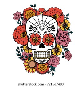 Day of the dead vector illustration poster. Mexican flowers traditional embroidery with typography letters. Floral lettering 'Dia de los Muertos' (Day of the Dead).