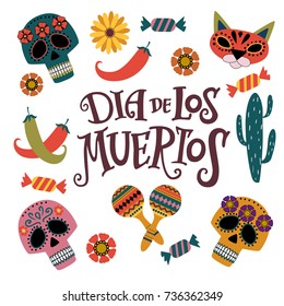 Day of the dead vector illustration poster. Lettering 'Dia de los Muertos' (Day of the Dead)