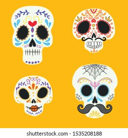 Day of the dead vector illustration set. Dia de los Muertos, skull, or calavera.