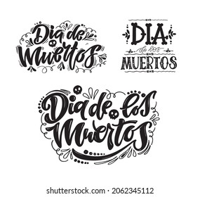 Day of the dead vector illustration set. Hand sketched lettering 'Dia de los Muertos' for postcard or celebration design. Flowers and herbs with hand drawn typography poster.