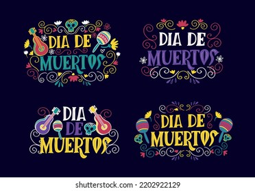 Day of the dead vector illustration set. Hand sketched lettering 'Dia de los Muertos' for postcard or celebration design. Flowers and herbs with hand drawn typography poster.