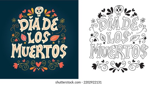 Tag des toten Vektorgrafik-Sets. Handskizzierte Schrift 'Dia de los Muertos' für Postkarten oder Feiern. Blumen und Kräuter mit handgezeichnetem Typografie-Poster.