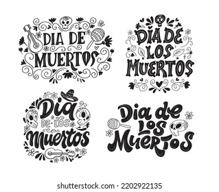 Day of the dead vector illustration set. Hand sketched lettering 'Dia de los Muertos' for postcard or celebration design. Flowers and herbs with hand drawn typography poster.
