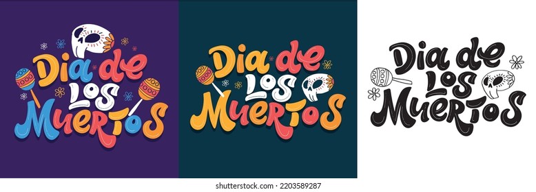 Day of the dead vector illustration set. Hand sketched lettering 'Dia de los Muertos' for postcard or celebration design. Flowers and herbs with hand drawn typography poster.