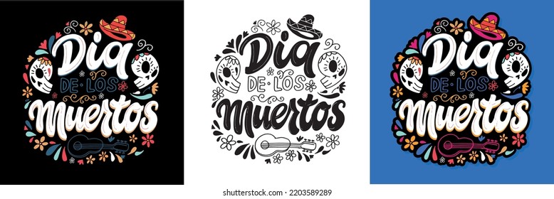 Tag des toten Vektorgrafik-Sets. Handskizzierte Schrift 'Dia de los Muertos' für Postkarten oder Feiern. Blumen und Kräuter mit handgezeichnetem Typografie-Poster.