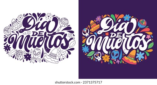 Day of the dead vector illustration set. Hand sketched lettering 'Dia de los Muertos' for postcard or celebration design. Flowers and herbs with hand drawn typography poster.