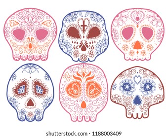 Day of the dead vector illustration skull. Vector illustration set. Tattoo skeleton. Mexican traditional decoration