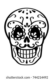 Day of the dead vector illustration of skull. Hand sketched postcard or celebration design. Black and white.
