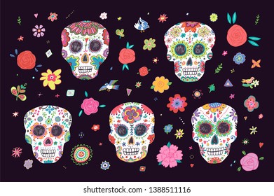 Day of the Dead. Vector illustrations set with skulls and flowers on dark background. 