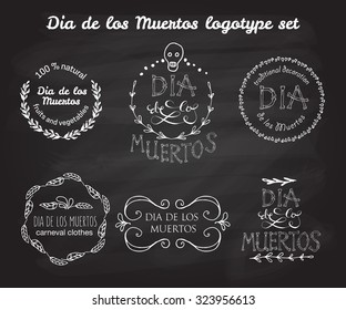 Day of the dead vector logotype set. Hand sketched badges 'Dia de los Muertos'  for product, postcard or celebration design. Flowers and herbs with hand drawn typography poster.