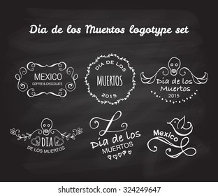 Day of the dead vector logotype set. Hand sketched badges 'Dia de los Muertos'for product, postcard or celebration design. Flowers and herbs with hand drawn typography poster.