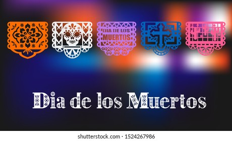 Day of dead vector. Paper icons for Dia de los muertos on blur background illustration. Mexican bunting banners traditional decoration.