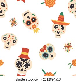 Day of the dead vector seamless pattern with various sugar skulls with mustaches, wearing traditional Mexican hat sombrero, with flowers like Catrina Calavera. Dia De Los Muertos holiday repeat.