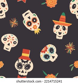 Day of the dead vector seamless pattern with various sugar skulls with mustaches, wearing traditional Mexican hat sombrero, marigold flowers, and fireworks nearby. Dia De Los Muertos holiday repeat.